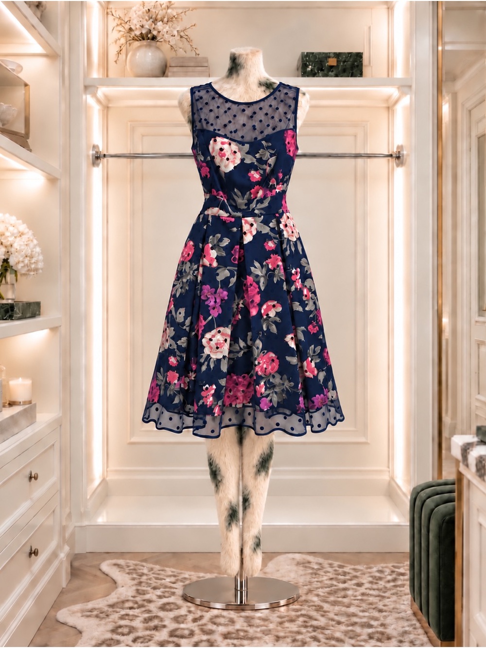 Eliza J Navy Floral Fit-and-Flare Midi Dress with Pink Accents